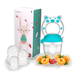 Chupón Para Fruta Y Papilla con Seguro Y Tapa Dibujos Animados, Libre de BPA (AZUL/BLANCO)