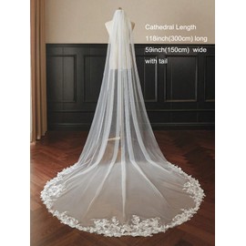 AiberLisha Chapel Length 90inch Lace Wedding Bridal Veil With Comb White
