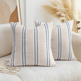 AELS 18x18 Decorative Farmhouse Linen Throw Pillow Covers, Boho Textured Pillow Case, Set of 2,Beige with White & Navy Blue Stitch Yarn Dyed Stripe Cushion Cover for Sofa Couch Living Room(Cover ONLY)