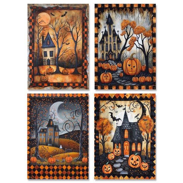 Gotham Decor Set of 4 Whimsical Halloween Pumpkins and Haunted