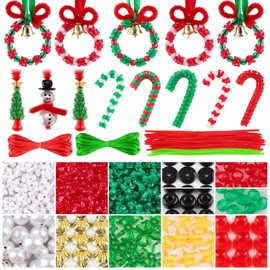 Kalolary Christmas Beaded Ornament Kit, Xmas Craft Wreath Candy Cane Bell Christmas Triangle Windmill Snowman DIY Beads Chenille Stems and Ribbons for Christmas Tree Hanging Decoration Holiday Party
