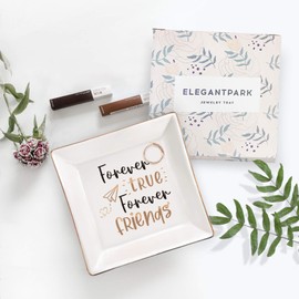 ElegantPark Birthday Gifts for Friends Women Jewelry Tray Valentines Day Christmas Graduation Gifts Ring Dish Organizer Forever True Forever Friend Square Trinket Dish Holder Ceramic