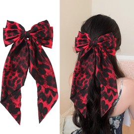 Large Leopard Hair Bow, Leopard Print Hair Bow Clips Silky Satin Large Bows Hair Clip Hair Ribbons Leopard Long Tail Big Hair Bows Accessories for Women Girls (Red)