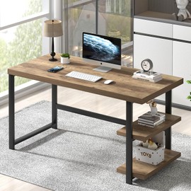 FOLUBAN Computer Desk, Wood and Metal Home Office Desk with Storage Shelves, Small Study Writing Table Workstation for Bedroom Living Room, Rustic Oak, 47 Inch