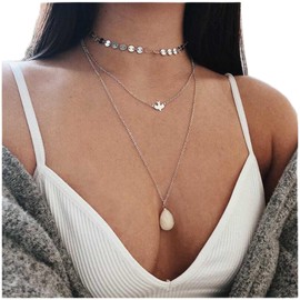 Cimenexe Bohemian Layered Opal Disc Pendant Necklace Transparent Crystal Choker Necklace Teardrop Moonstone Necklace Chain Silver Peace Dove Necklace Choker Sequin Coin Choker Necklace Jewelry