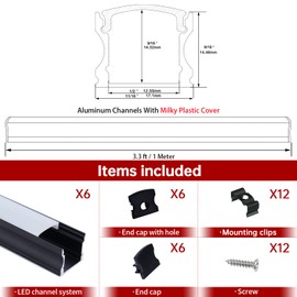 Muzata 6Pack 3.3FT/1M Deeper Spotless LED Channel System with Milky White Frosted Diffuser Black Deep Aluminum LED Diffuser Channel for LED Strips Width up to 12mm U101 BW