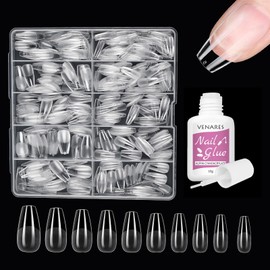 Venares False Nails Tips Set Short, 500 Pieces Medium Coffin Tips for Gel Nails Set 10 Sizes Nail Tips Set with Glue, Full Cover Nail Tips Pre-Buff, Pre-Polished Soft Gel Tips Nails