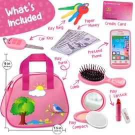 Toddler Play Purse for Kids with Accessories, Purse Toys for Girls with Pretend Makeup, Keys, Smartphone, Dress Up Toy Purse for Toddlers and Kids - Birthday Gift for Little Toddler Girls