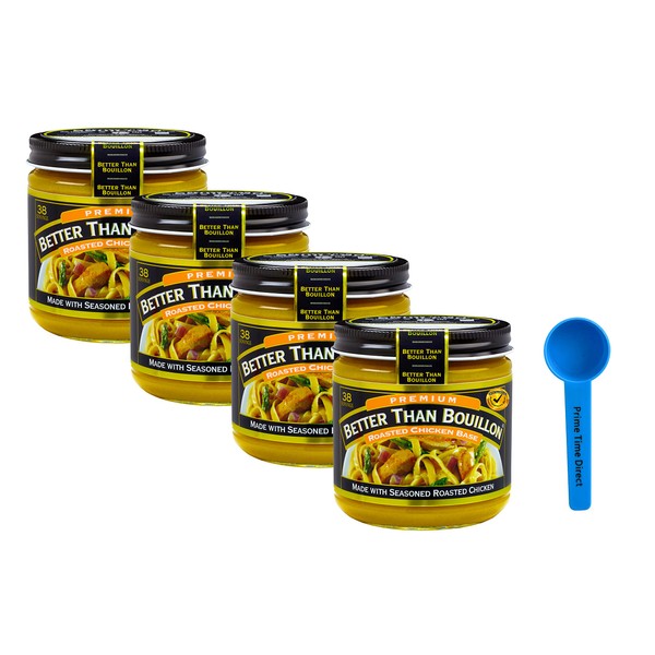 Better Than Bouillon Roasted Chicken Base 8 oz (Pack of 4) Bundle with PrimeTime Direct Teaspoon Scoop with BTB Authenticity Seal in a BTB Box