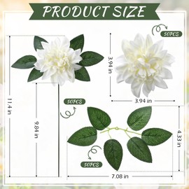 XunYee 50 Pack Artificial Wedding Dahlia Flowers Bulk Silk Dahlias with Stems and Green Leaves Fake Flora Decoration Faux Dahlia Bouquets for DIY Bridal Shower Wedding Party(White)