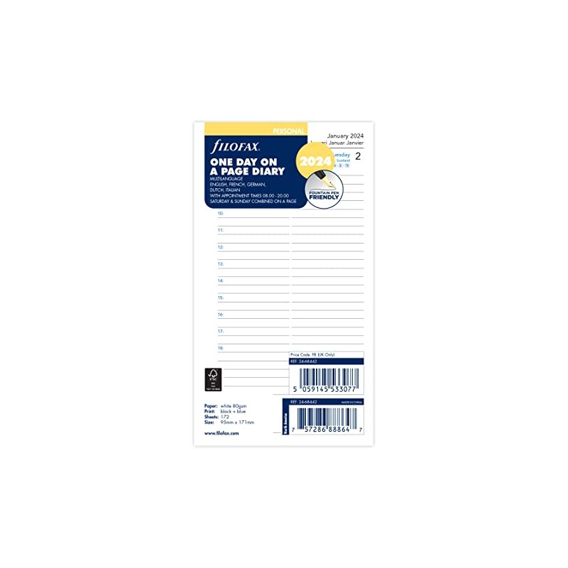 Filofax Personal day per page 5 language 2024 diary, White