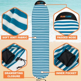 SUN CUBE Surfboard Sock Cover, Protective Surf Bag for Surfing Board, Light Stretchy Surfbag Sleeve for Funboard, Hybrid (8'0'', Blue White)