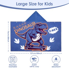 Decalsweet Bath Poncho Children's 100% Cotton Hooded Baby Bath Towel, Large Soft and Absorbent Children's Towel, Bath Towel, Hooded Beach Towels for Boys and Girls, 76 x 127 cm (Blue Dinosaur)