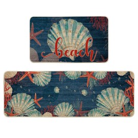 Artoid Mode Beach Sea Shell Starfish Coral Summer Kitchen Mats Set of 2, Ocean Seasonal Sports Home Decor Low-Profile Kitchen Rugs for Floor - 17x29 and 17x47 Inch