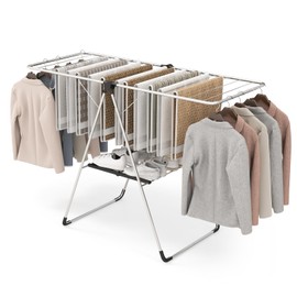 Tangkula Collapsible Clothes Drying Rack, 2-Level Folding Aluminum Drying Rack w/Height-Adjustable Wings, Bottom Shoe Rack, Space-Saving Laundry Drying Rack for Indoor & Outdoor Use, Silver