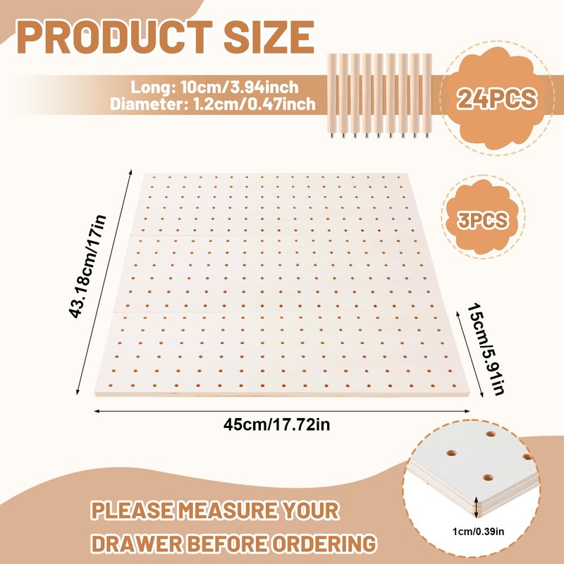 AojSup 3 Pcs Wood Pegboard Drawer Organizer with 24 Pegs