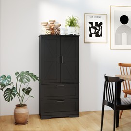 2 Door Tall Kitchen Pantry Storage, Collection Food Free Standing Wooden Storage Cabinet with 2 Drawers and Adjustable Shelves, Modern Farmhouse Versatile Storage for Kitchen, Dining Room (Black)