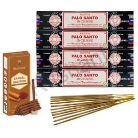 Rushant Sandal Saffron Dhoop Sticks with Satya Palo Santo Incense Sticks – 15g x 4 Packs | Original Satya Agarbatti Combo for Meditation, Yoga, Relaxation, Pooja & Aromatherapy