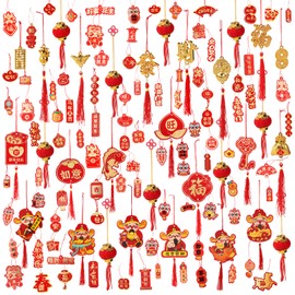 176 Pcs Chinese Lunar New Year Decorations 2026 Chinese Hanging Decoration Spring Festival Lucky Hanging Red Lanterns Gold Tree Ornaments for Asian China Lunar New Year Party of The Horse Decor