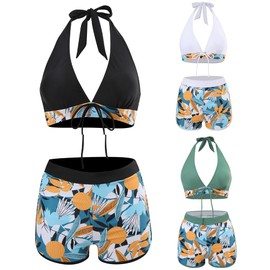 TAGNEFLOR Trajes de Baño Mujer 2 Piezas,Talle Alto Bikini Bañador para Dama,Adecuado bañadores para Playa Piscina Vacaciones (MX/US, Alfa, Mediano, Regular, Regular, Negro/Cocotero)