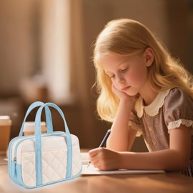 2 Compartment Pencil Case for Girls,Zipper Pencil Bag with Handle, Large Capacity Quilting Pencil Pouch Organizer Aesthetic, Womens Soft Pencil Box Marker Pouch for Middle School Office College