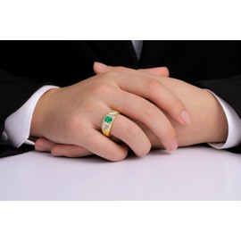 RYLOS Mens Rings Yellow Gold Plated Silver Classic 7X5MM Oval Gemstone & Genuine Sparkling Diamond Ring Emerald May Birthstone Rings For Men, Men's Rings, Silver Rings, Sizes 8,9,10,11,12,13