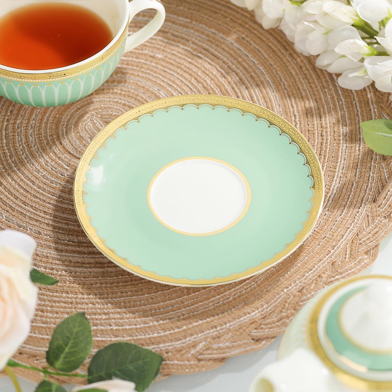 fanquare Tea for One with Gold Trim, Green Teapot Set