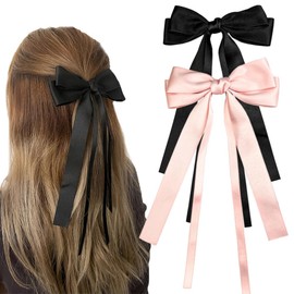 SALOCY Hair Ribbon Bows with Long Tail,Bows Hair Clips for Women Girls, Big Ribbon Bows Satin Hair Clip for Hair Design (Pink+Black)