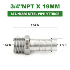 TAISHER 5PCS 304 Stainless Steel Air Hose Fittings, 3/4" Barb x 3/4" MNPT Pipe Adapter with 5PCS Hose Clamp