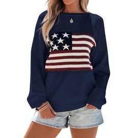 BONITEE Women Dressy Long Sleeve Knit Soft Sweaters Casual Loose Fit American Flag Clothes Fashion Elegant Soft Comfy Pullover Navy Blue 2XL