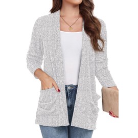 GRECERELLE Cardigan for Women Lightweight Open Front Long Sleeve Ribbed Knit Ladies Casual Sweater Outerwear with Pockets Light Gray-L