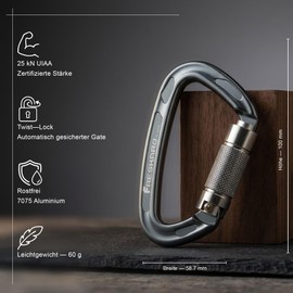 FresKaro Climbing Carabiner, Large HMS Screw Carabiner, Quick Release and Heavy Duty, UIAA Certified Carabiner for Mountaineering, Abseiling, Dog Leads, Strong, Pack of 2, Grey