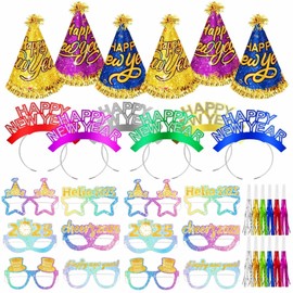 36 Pcs New Year Party Supplies - Include Happy New Year Headband Tiara, Cone Hats, Noisemakers & Paper Glasses for NYE Decorations