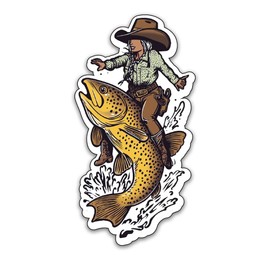 Funny Fishing Bumper Sticker Decal for Car, Auto, Laptop - Trout Wrangler & Cowgirl Fly Fishing Design - Weatherproof Material