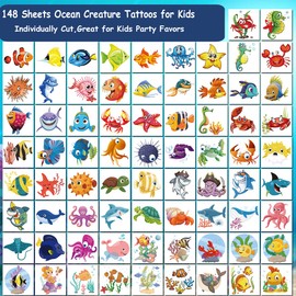 CHARLENT 148 Temporary Sea Animal Tattoos for Kids - Custom Sea Animal Tattoos for Boys and Girls Birthday Party Gifts and Little Surprise