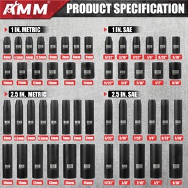 AMM 1/4" Drive Impact Socket Set, 51 PCS Deep & Shallow 1/4" Socket Set with ratchet, SAE/Metric (5/32"-9/16", 4-15mm), 6 Point, Cr-V Steel