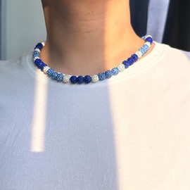 RIJXU Baseball Necklace 16in/19in/22in Glitter Rhinestone Clay Beaded Necklace for Men Cool Gifts for Baseball Players Lovers (Light+Dark Blue, 16in)