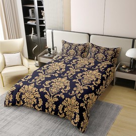 100% Washed Cotton Elegant Damask Bedding Set Antique Baroque Flowers Comforter Cover for Teen Boys Men Gold and Black Floral Duvet Cover Stylish Modern European Bedspread 135 x 200 cm
