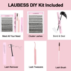 Lash Clusters Kit LAUBESS Cluster Lashes Wispy DIY Lash Extension Kit with Lash Bond and Seal Remover Tweezers Brush (Set Magic-0.07D-8-16Mix)