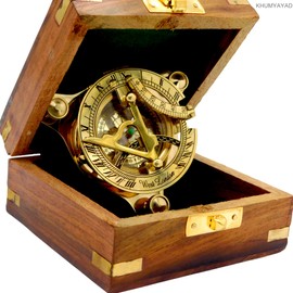 KHUMYAYAD Brass Sundial Compass Antique Nautical Replica Item with Rosewood Box