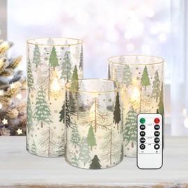 MELTONE Christmas Tree LED Glass Flameless Candles with Remote Control and Timer, Winter Forest Pine Snowflakes Design, 3 Sizes