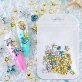 Summer Beach Sea Shell Nail Studs 3D Gold Silver Blue Starfish Nail Charms with Pearls Ocean Theme Resin Charms for Women Manicure Supplies Decorations DIY Craft Jewelry