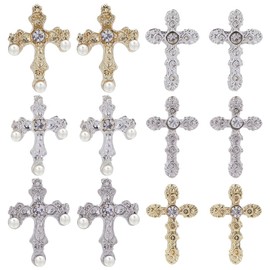 SUNNYCLUE 1 Box 60Pcs Cross Nail Charms Easter 3D Pearl Beads Nails Charms Bulk Mini Small Cross Bead Flatbacks Rhinestone Diamond Nail Art Charm Golden Silver Nail Cross Charms for Nails Decoration