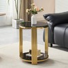 Glass Round End Table with 2-Tier Storage, Black Tempered Glass