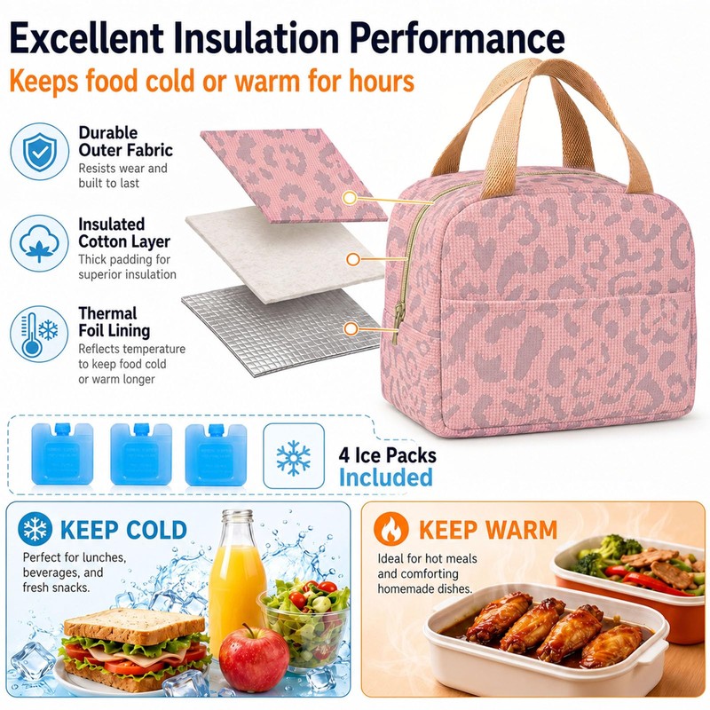 Insulated Lunch Bag with 4 Ice Packs,Cute Leopard Print Thermal