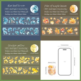 Washi Tape Stickers Set, 3 Rolls PET Scrapbooking Accessories Stickers, Leaf Themed Aesthetic Stickers Decorative for Bullet Journal Accessories, Journal, Photo Album, Notebook, DIY (Falling Leaves