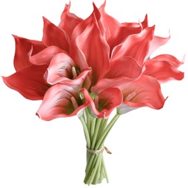 Mandy's 20pcs Coral Artificial Calla Lily Silk Fake Flowers 13.5" for Mother's Day Easter Home Kitchen Wedding Decorations New Year Spring