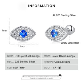 Evil Eye Hypoallergenic Screw Back Earrings for Girls,925 Sterling Silver Stud Earrings Jewelry Gifts for Girls Teens Women Daughter