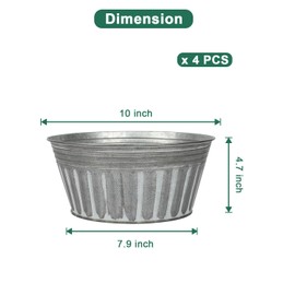 vensovo 10 Inch Silver Metal Rustic Plant Pots - 4Pcs Shallow Galvanized Flower Pots with Drain Hole and Rubber Plug, Rustproof Metal Bucket Planters Farmhouse Vintage Style for Decor
