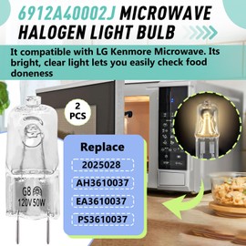 2PCS 6912A40002J Microwave Halogen Light Bulb Compatible with LG Kenmore LMV2031ST LMV2031BD 83543, 120V 50W G8 Microwave Oven Lamp Bulb Replace 2025028 AH3610037 EA3610037 PS3610037